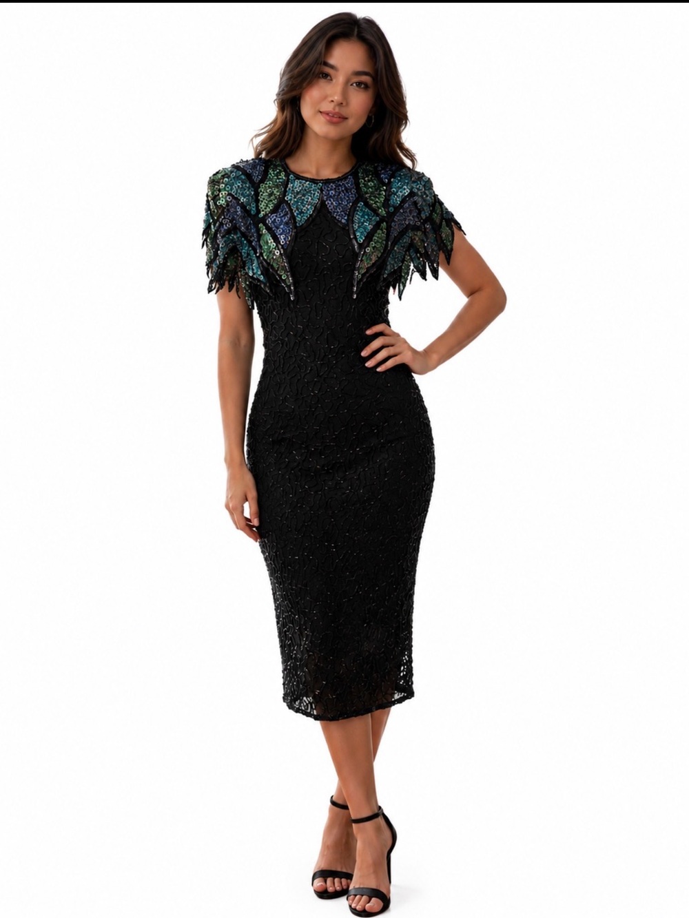 Scala Black Midi Sheath Dress with beaded peacock detail design.